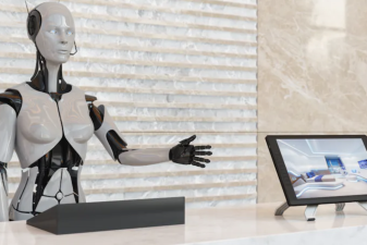 An image of an AI robot at a hotel desk.